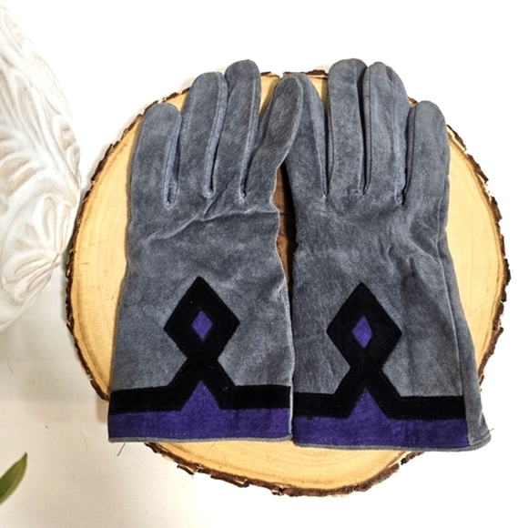 Dents Vintage Gray Suede Wool Lined Gloves Size L – Purple & Black Trim - Picture 2 of 4